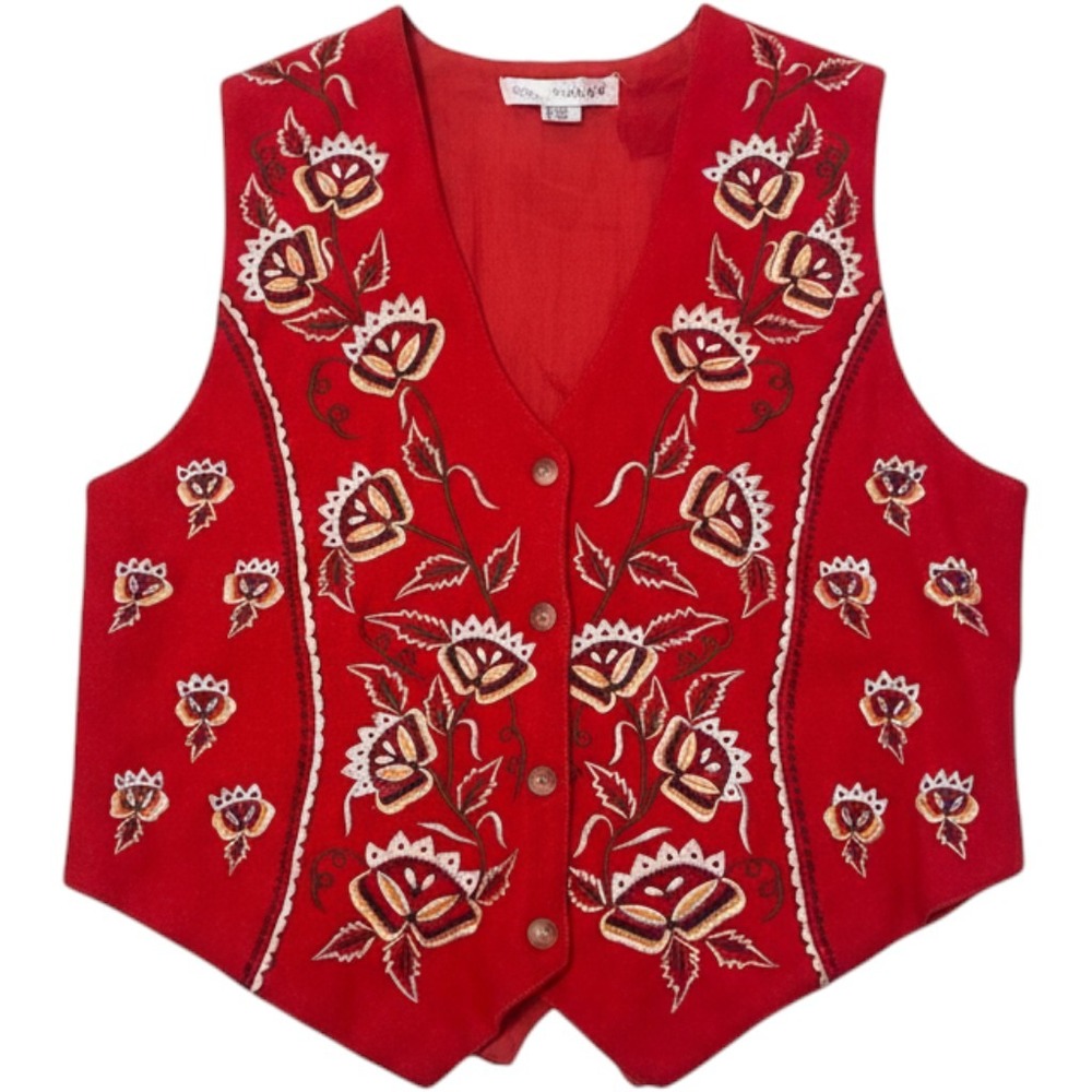 Chrysantheme Floral Embroidered Wool Vest Medium Boho Button Front Cottage Indie